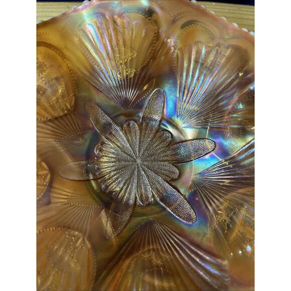 Dugan Victor Petal & Fan Pattern Beaded Ruffled Edge Orange Opalescent Bowl - Picture 3 of 8